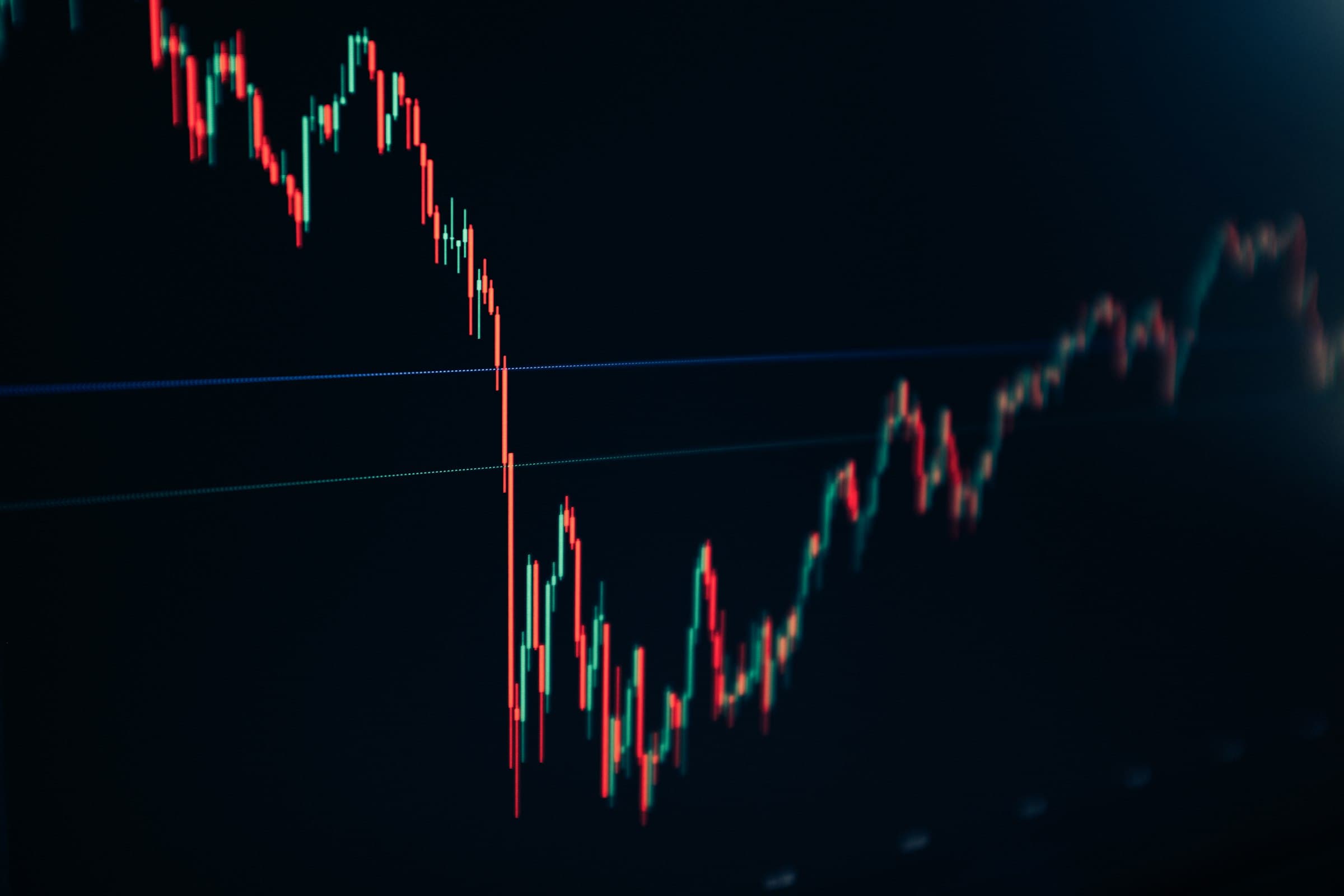 A candlestick chart on a dark trading screen